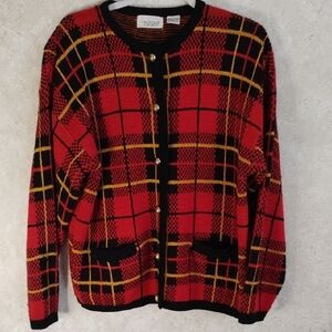 Charming Red Plaid Cardigan Sweater